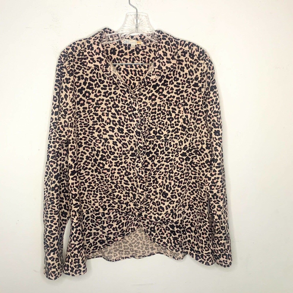 C&C California Leopard Animal Print Blouse Twist Front Pink Top Women’s Medium